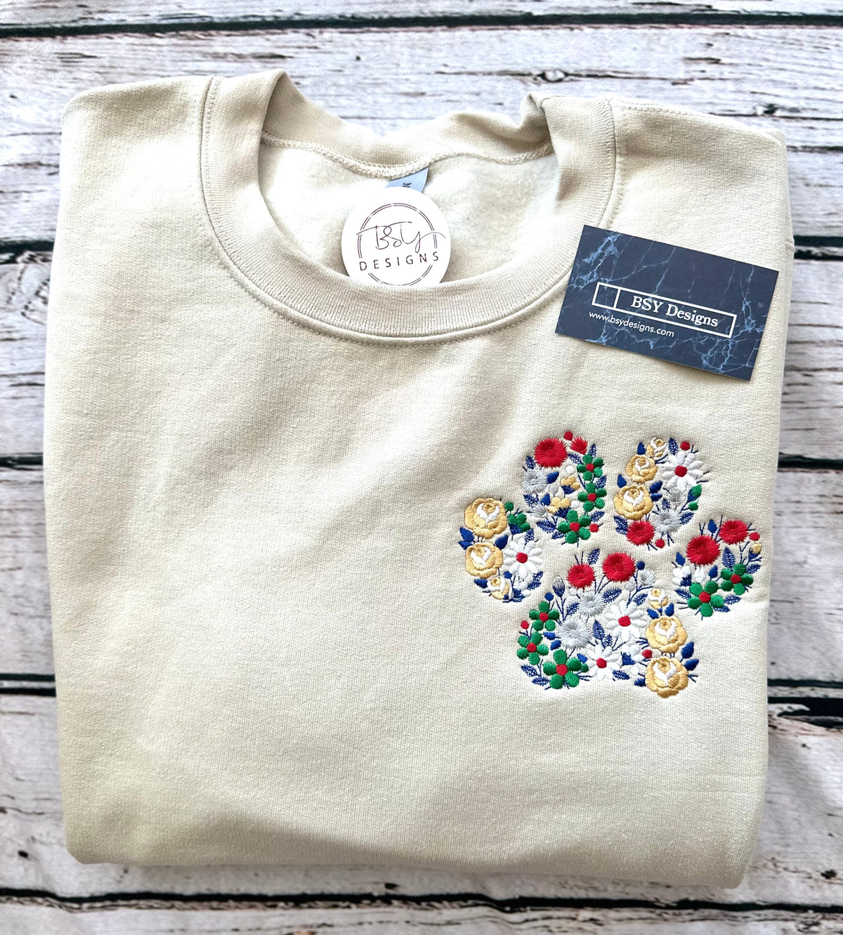 Paw print floral embroidered crewneck sweatshirt