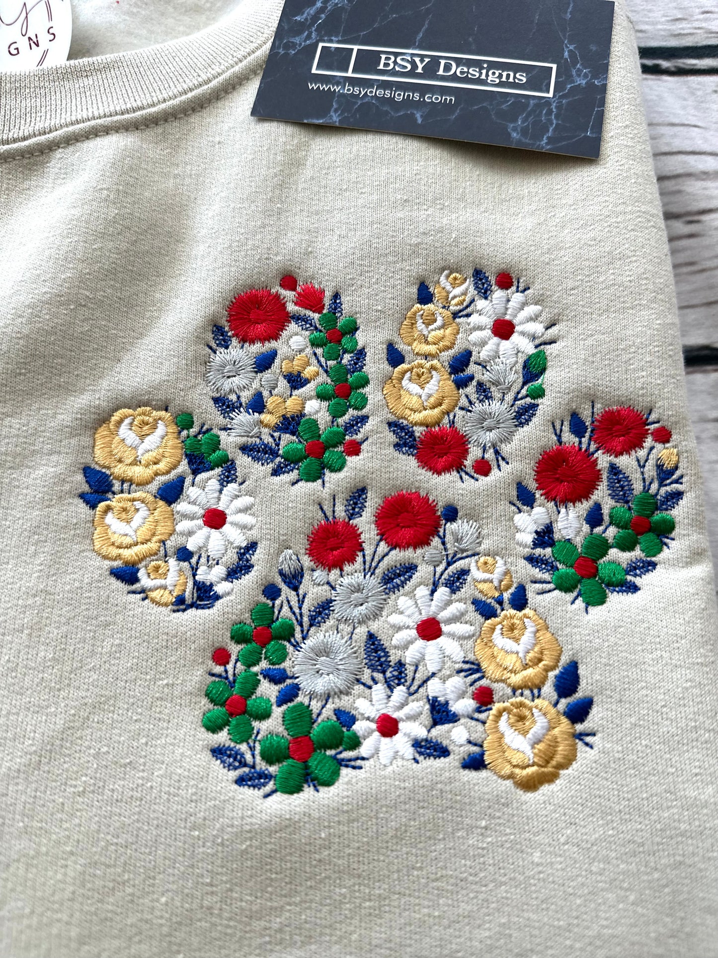 Paw print floral embroidered crewneck sweatshirt