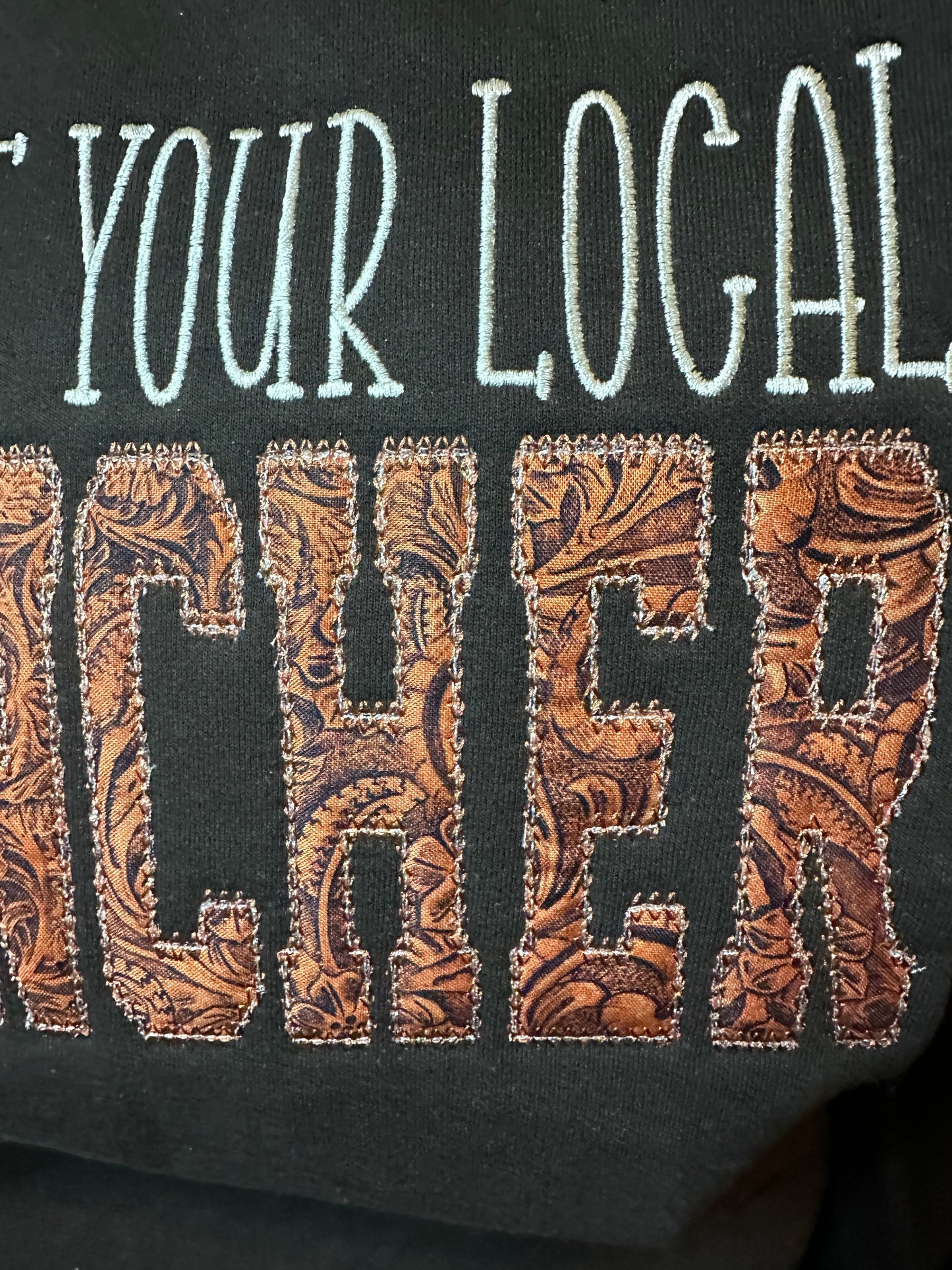Support your local rancher embroidered crewneck sweatshirt with tooled leather cotton fabric
