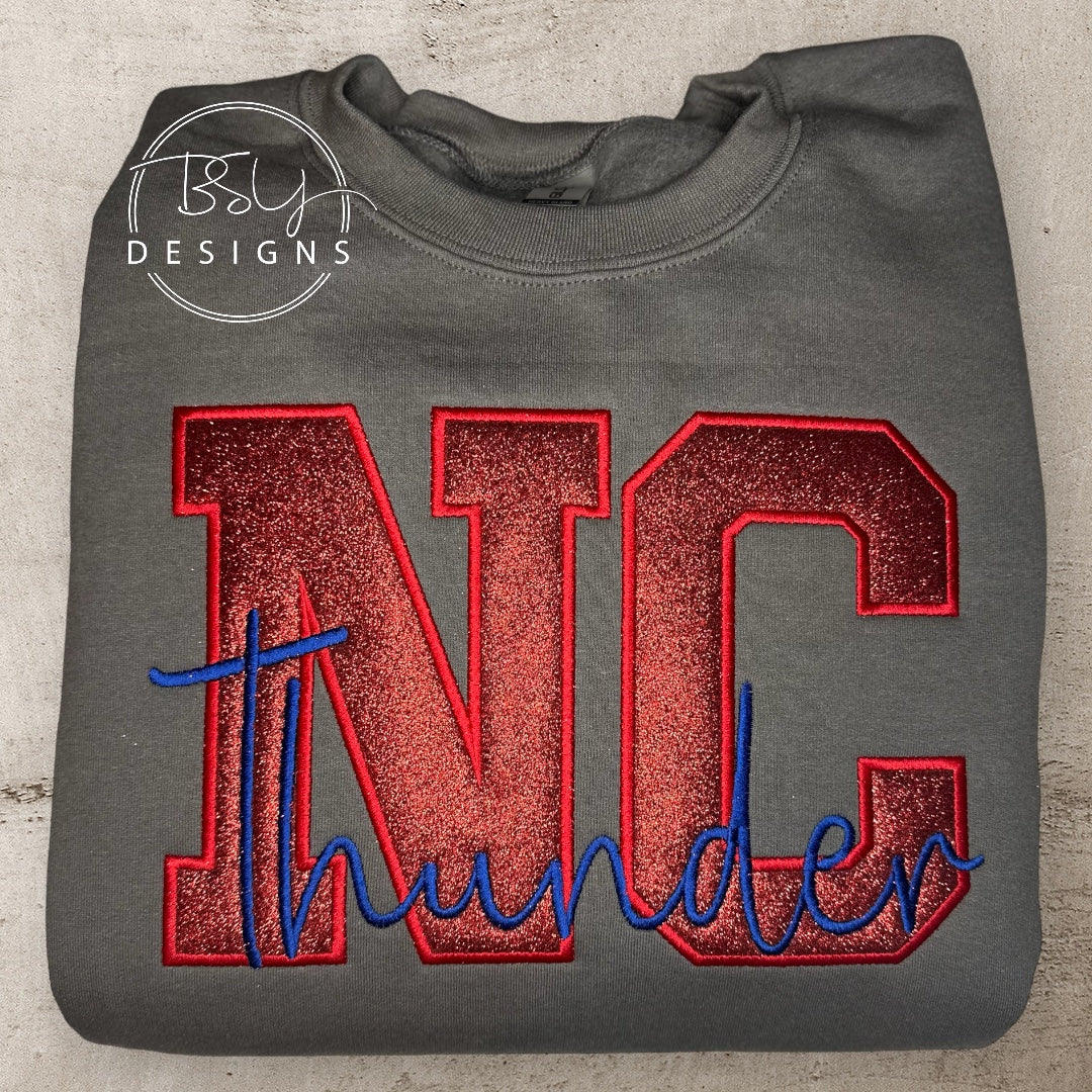 NC Thunder embroidered design available in short sleeve, crewneck, and hooded sweatshirt styles