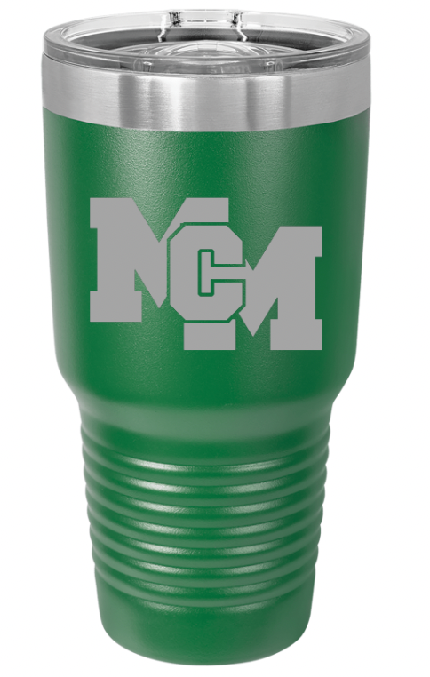 Powder coated, laser engraved MCM tumbler