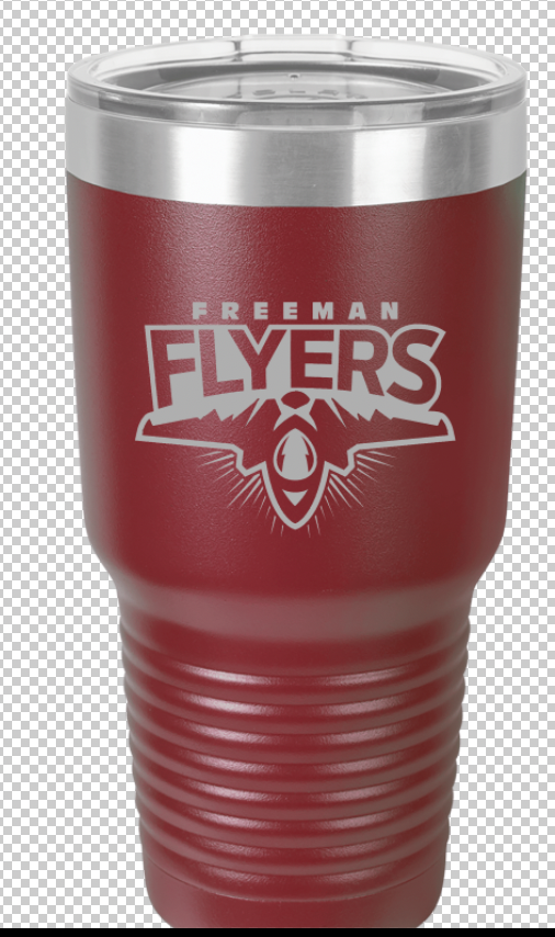 Powder coated, laser engraved Freeman Flyers tumbler