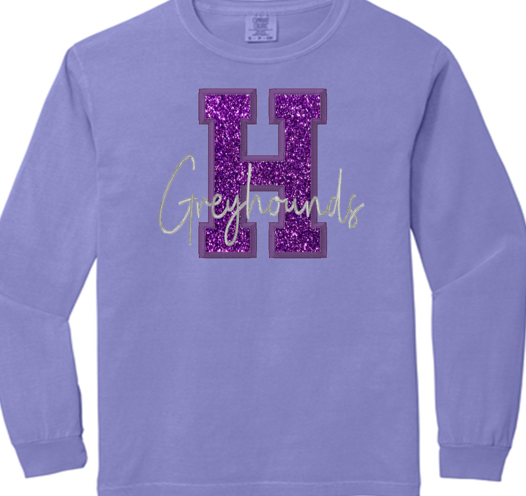 Hoven Greyhounds embroidered design available in short sleeve, long sleeve, and crewneck sweatshirt styles