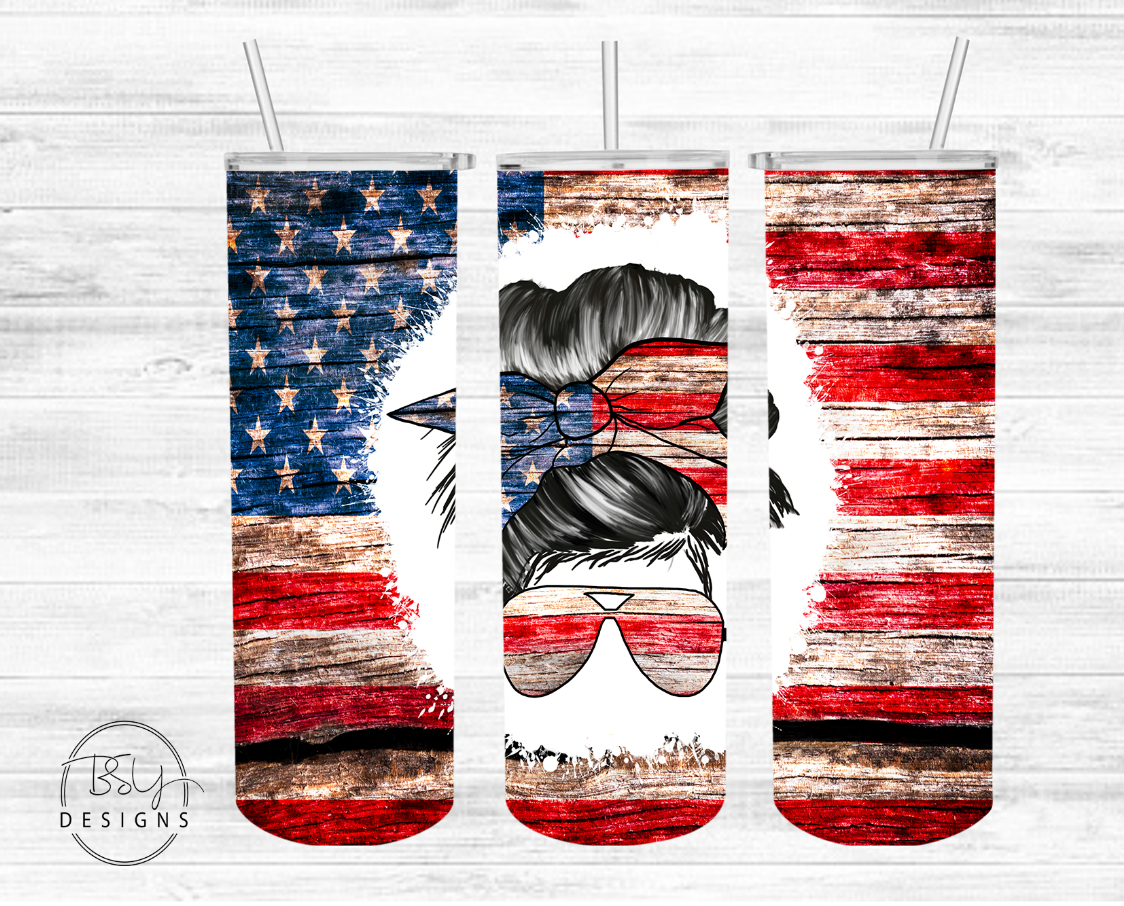 Red White & Blue with bun sublimation tumbler