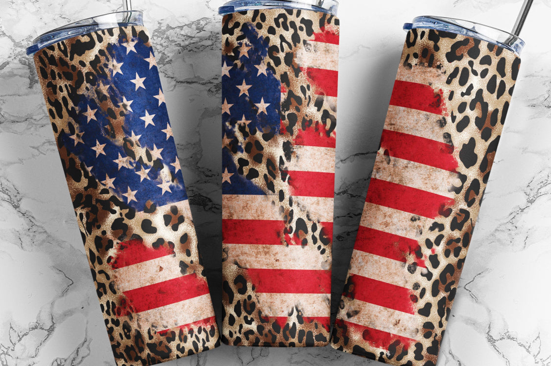 Leopard flag tumbler or skinny can cooler