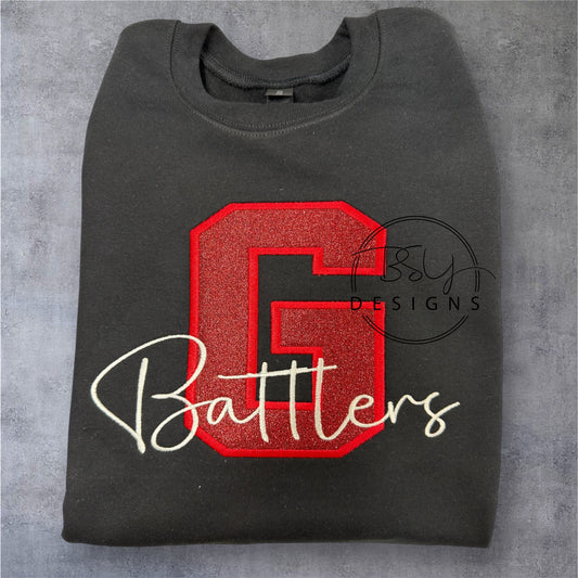 Gettysburg Battlers embroidered design available in short sleeve, crewneck, and hooded sweatshirt styles