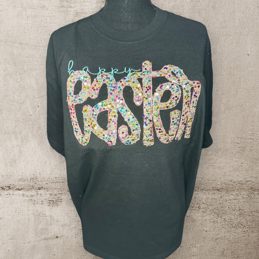 Happy Easter sequin embroidered tee, long sleeve, crewneck