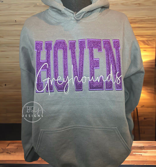 Hoven Greyhounds embroidered design available in short sleeve, crewneck, and hooded sweatshirt styles