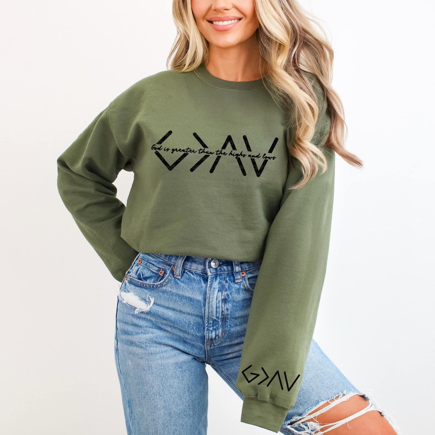 God is greater than the highs and lows w/ sleeve design crewneck sweatshirt