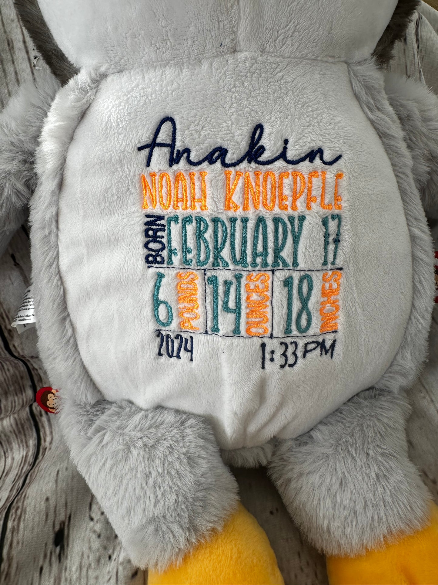 Custom embroidered birth stat stuffy