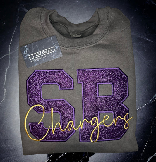 SB Chargers embroidered design available in short sleeve, crewneck, and hooded sweatshirt styles