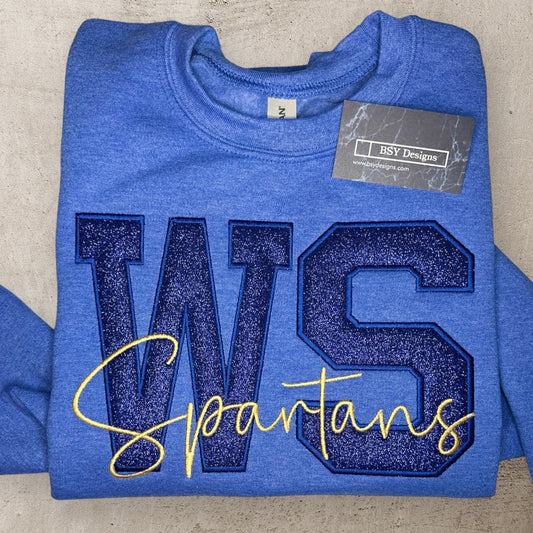 WS Spartans embroidered design available in short sleeve, crewneck, and hooded sweatshirt styles