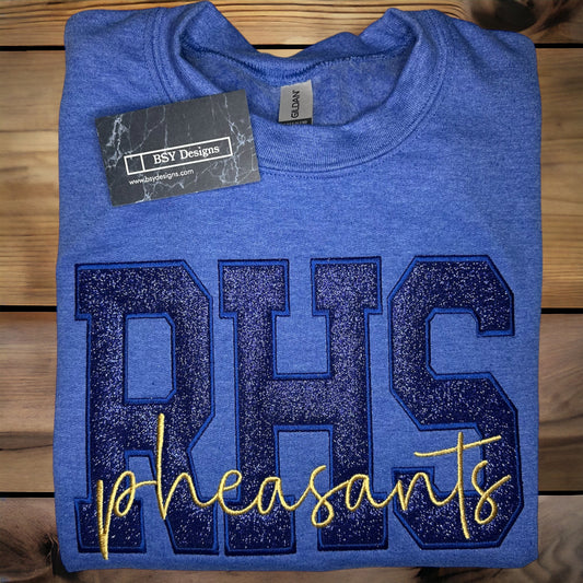RHS Pheasants embroidered design available in short sleeve, crewneck, and hooded sweatshirt styles