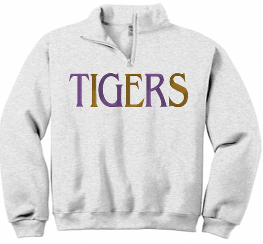 1/4 zip Jerzees Cadet Collar Tigers (gold and purple) alternating embroidered sweatshirt