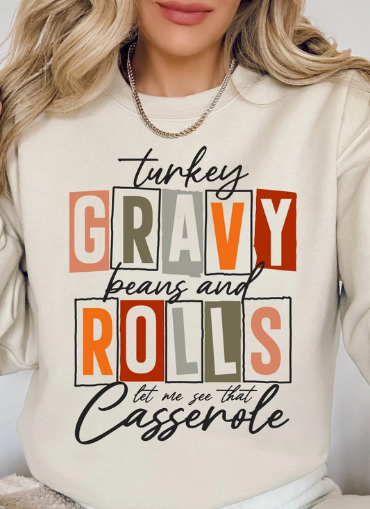 Turkey gravy beans and rolls let me see that casserole