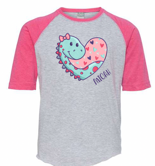 Custom girl dinosaur raglan 3/4 sleeve tee Youth/Toddler